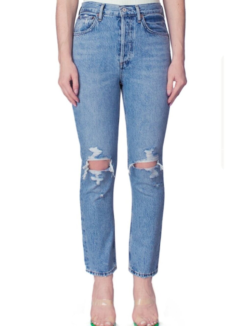 AGOLDE Riley High Rise Straight Blue Jeans Distressed/Busted Knees Color - Blitz
